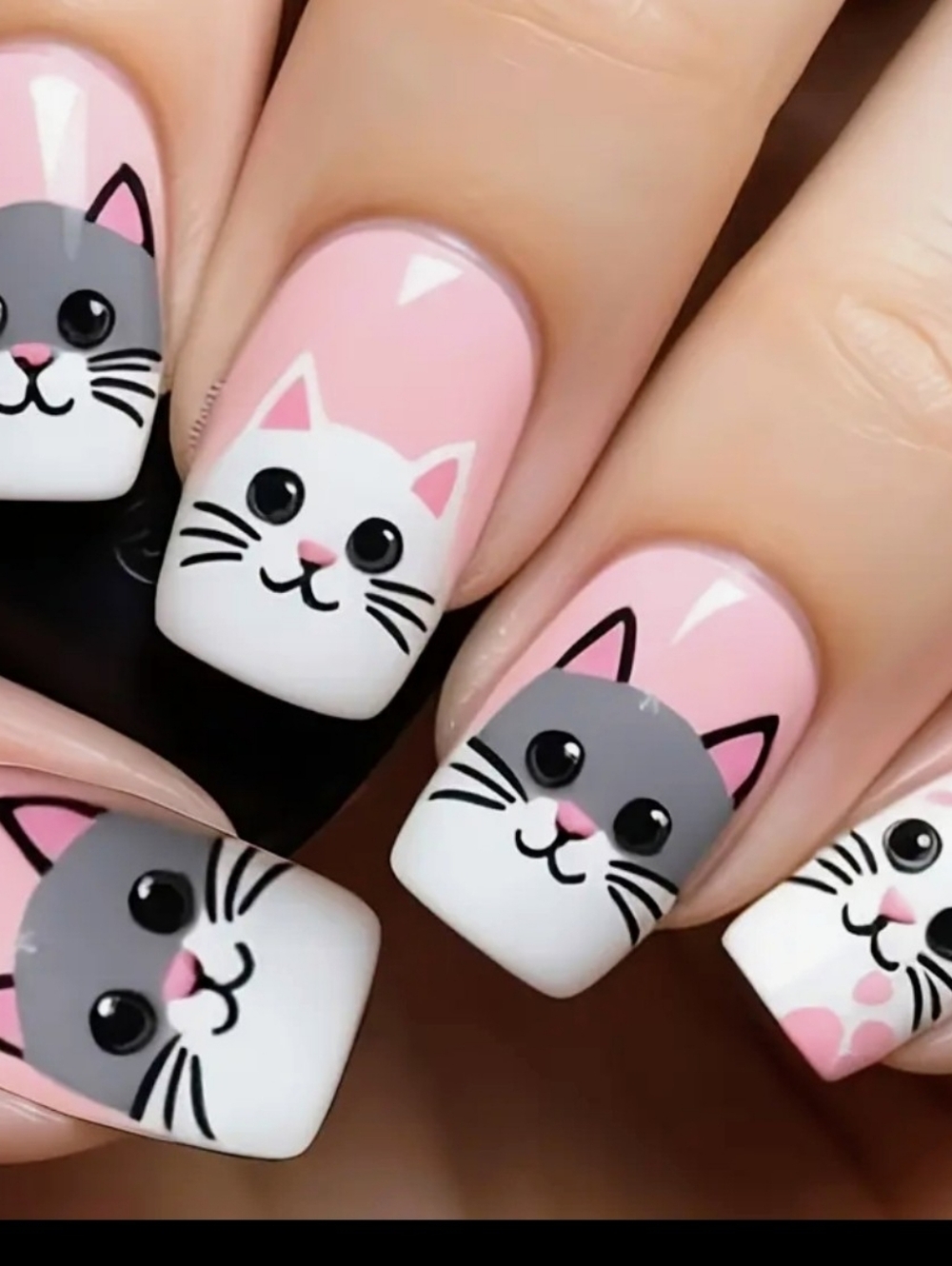 24PCS Kawaii Cat Press On Nails Pink White Gray Cute Cartoon Kitten False Nails